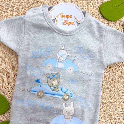 Kit 3 Peças - Bodys Manga Curta Amigos de Aventuras - Azul Jeans, Mescla e Azul Bebê